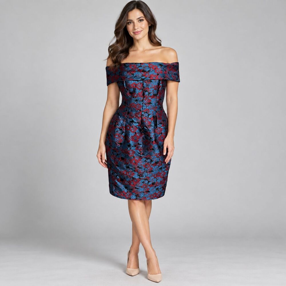 Slate & Willow Floral Jacquard Off Shoulder Cocktail Dress Blue Red Size 8